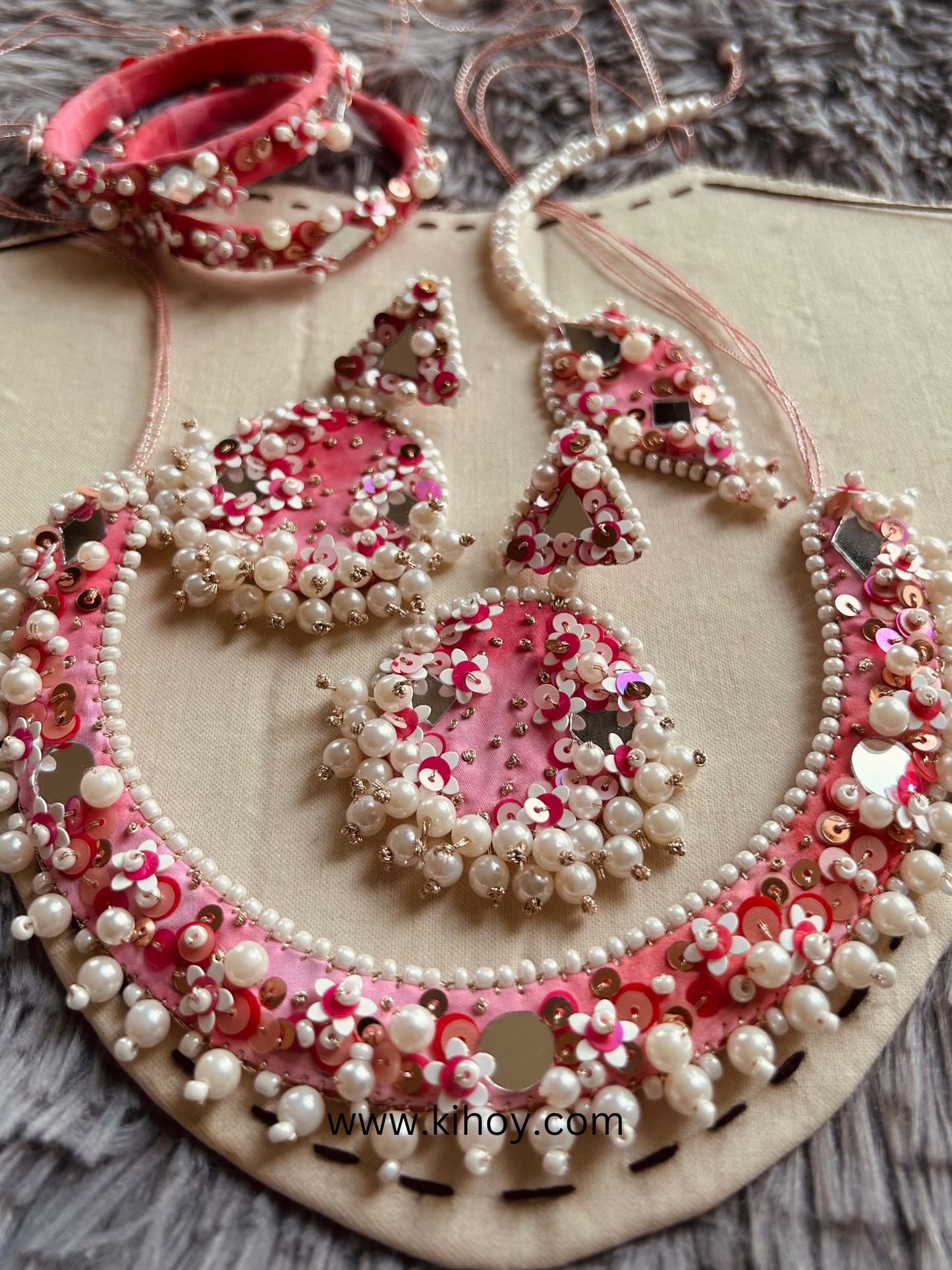 Handembroidered Gulabo Necklace, Earrings, Mangtikka & Bangle Set for brides