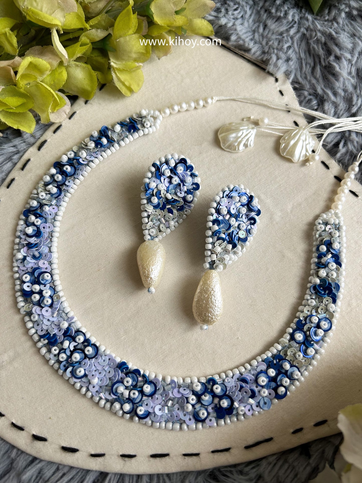 Hand embroidered Blue Lagoon Earrings & necklace set