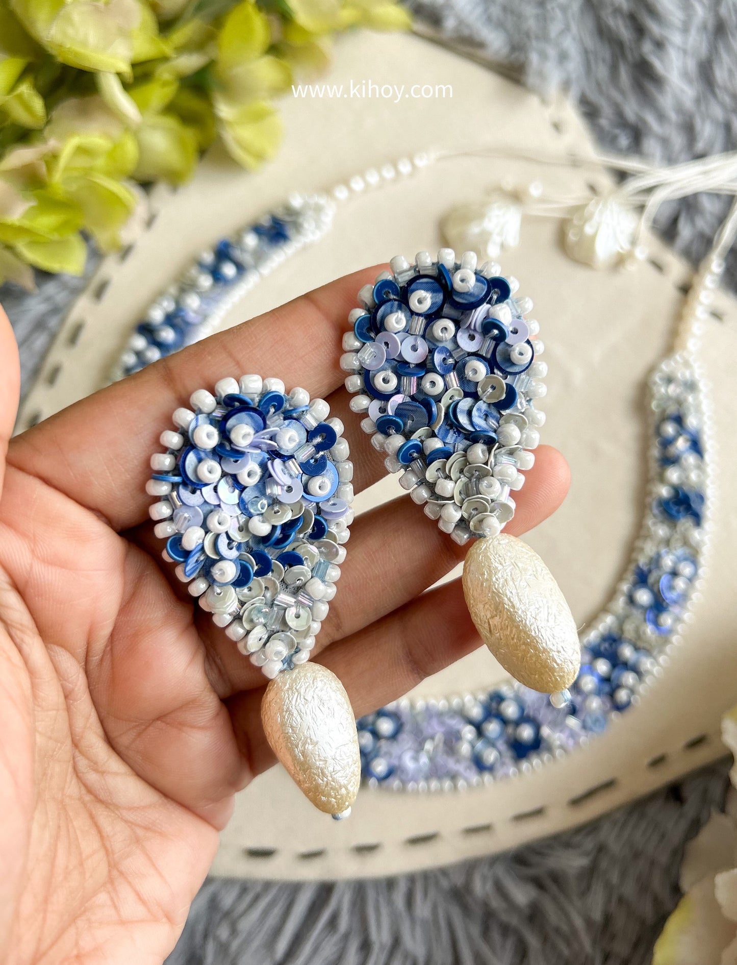 Hand embroidered Blue Lagoon Earrings & necklace set