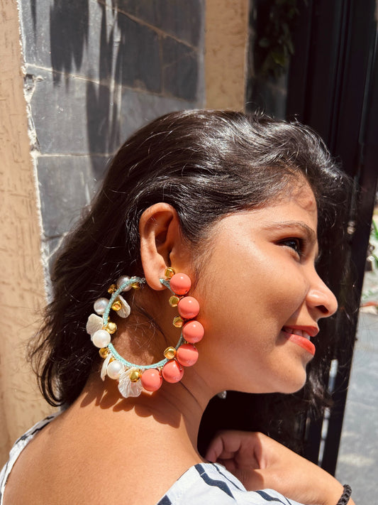 Peachy Hoop Shell & Ghungroo Earrings