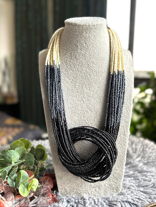 BOHO HOOP MULTI-STRAND NECKLACE (BLACK & IVORY)